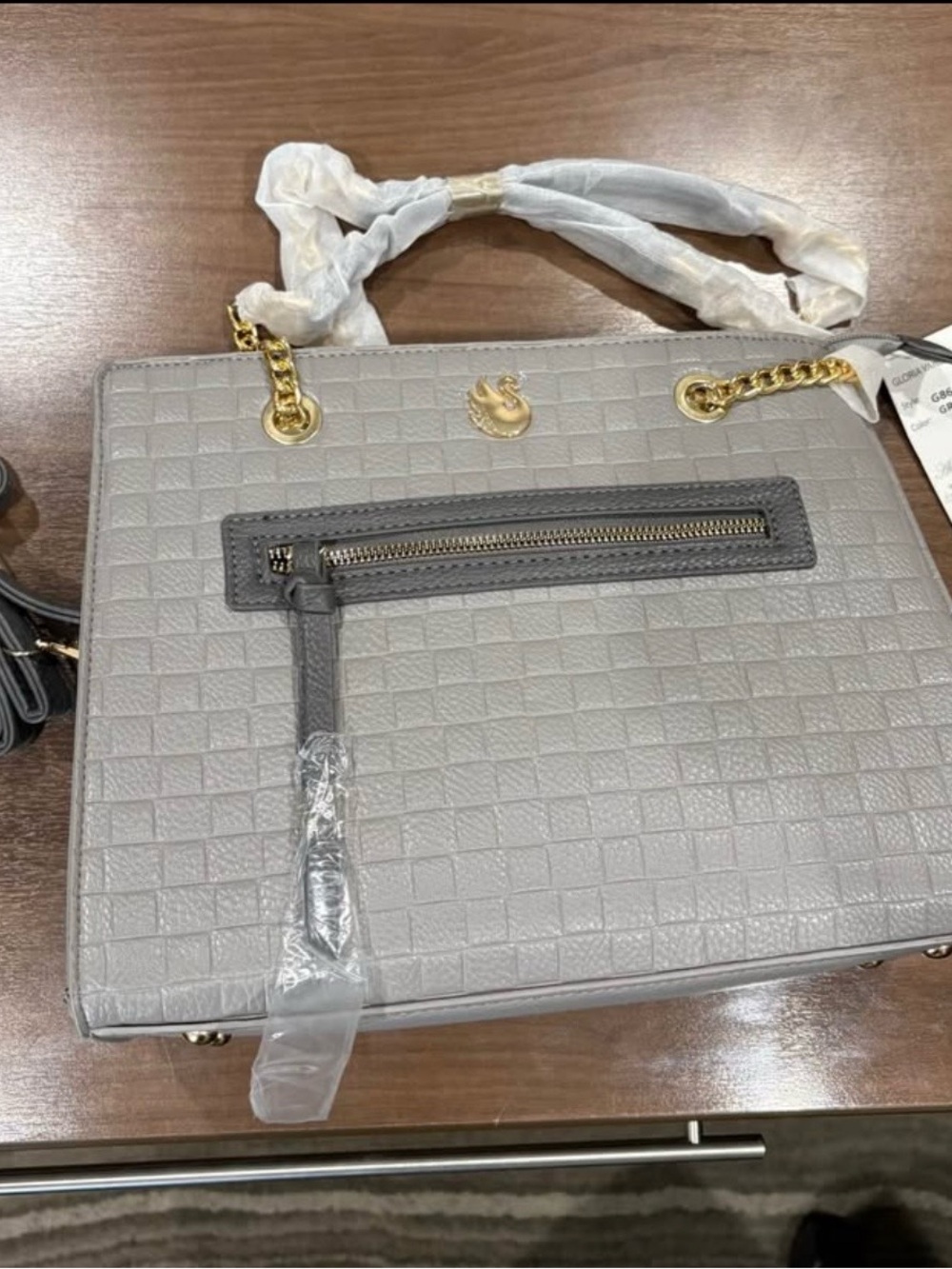 Gloria Vanderbilt Gray Satchel Tote Bag NWT Faux Leather Gold Chain